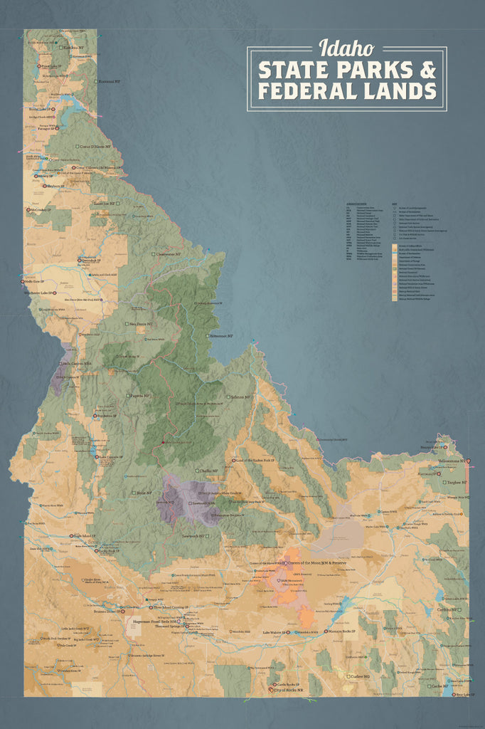 Idaho State Parks & Federal Lands Map Poster - tan & slate blue