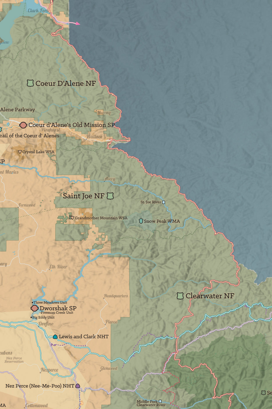 Idaho State Parks & Federal Lands Map Poster - tan & slate blue