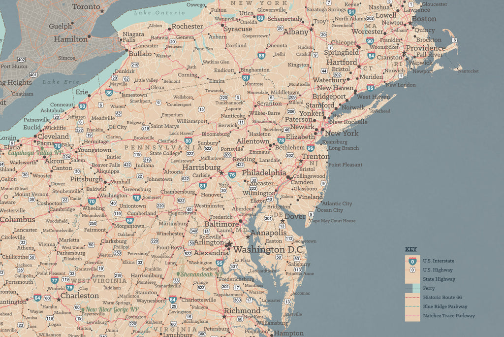 USA Road Trip & Travel Highway Tracing Map - tan & slate blue