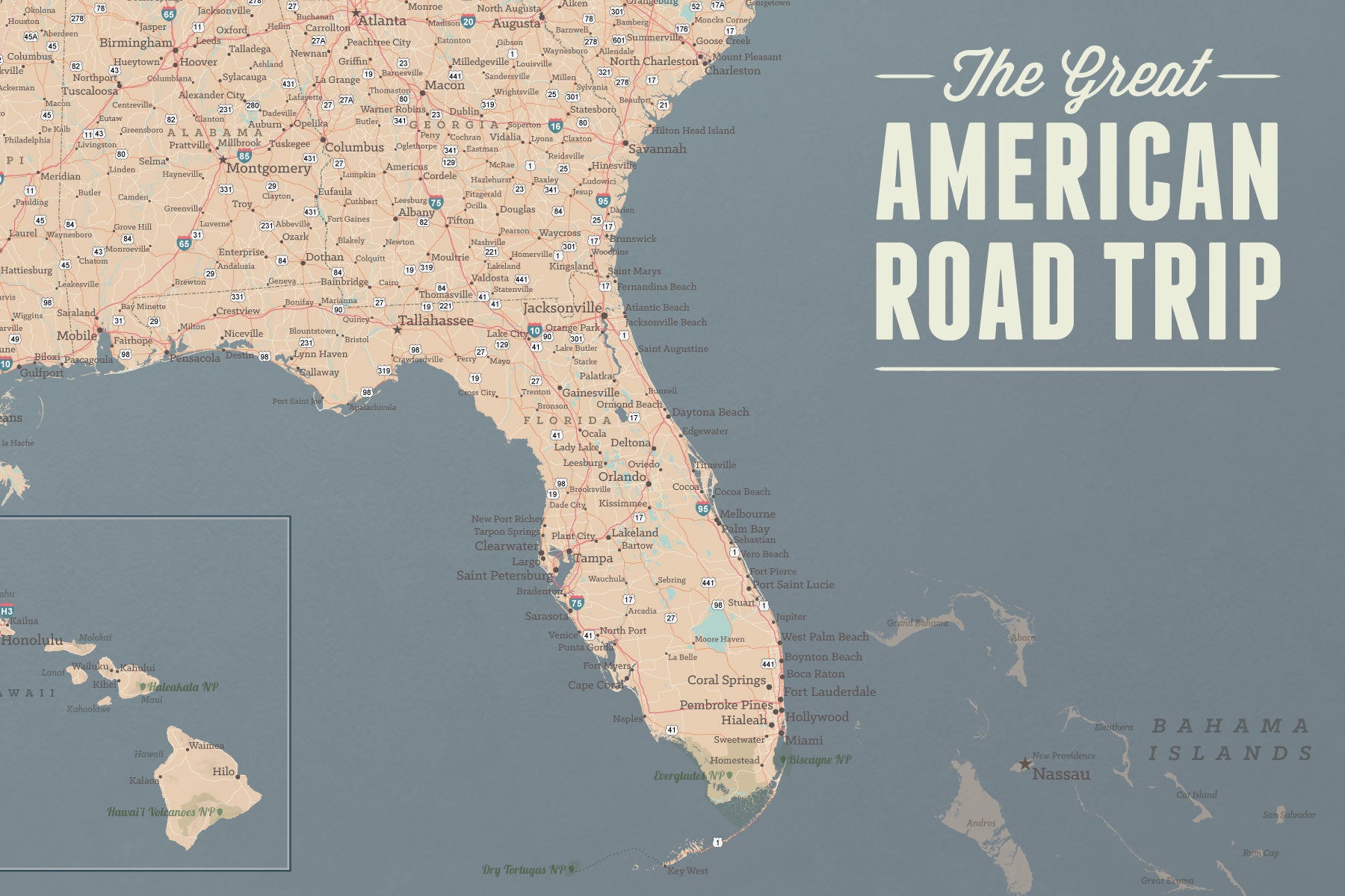 USA Road Trip & Travel Highway Tracing Map - tan & slate blue