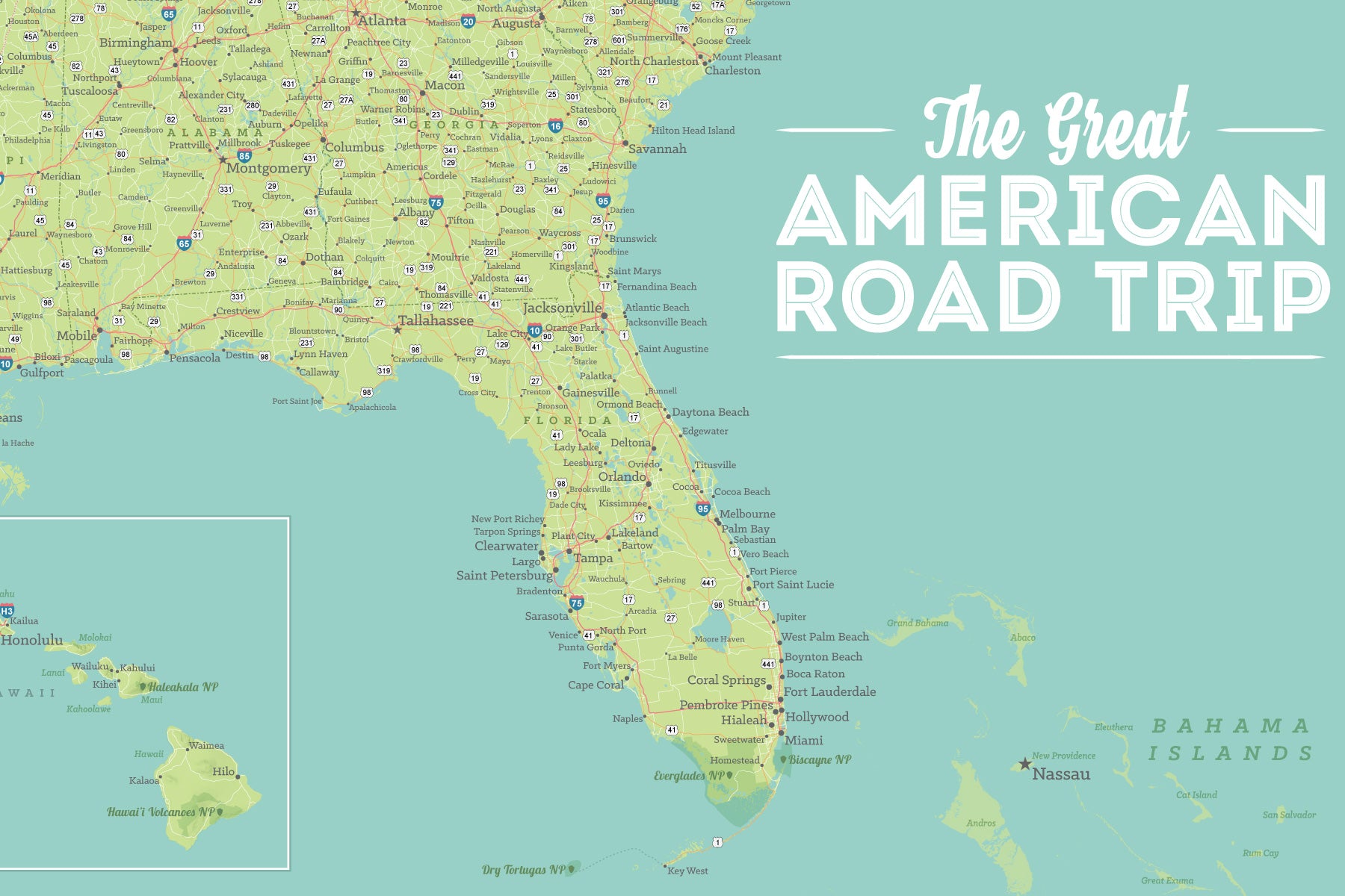 USA Road Trip & Travel Highway Tracing Map - green & aqua