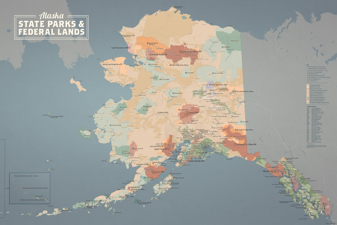 Alaska State Parks & Federal Lands Map Poster - tan & slate blue