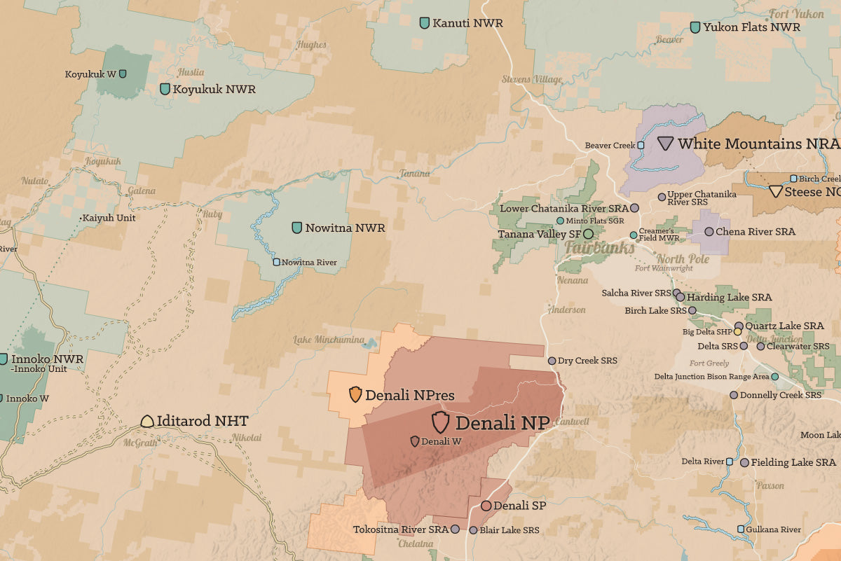 Alaska State Parks & Federal Lands Map Poster - tan & slate blue