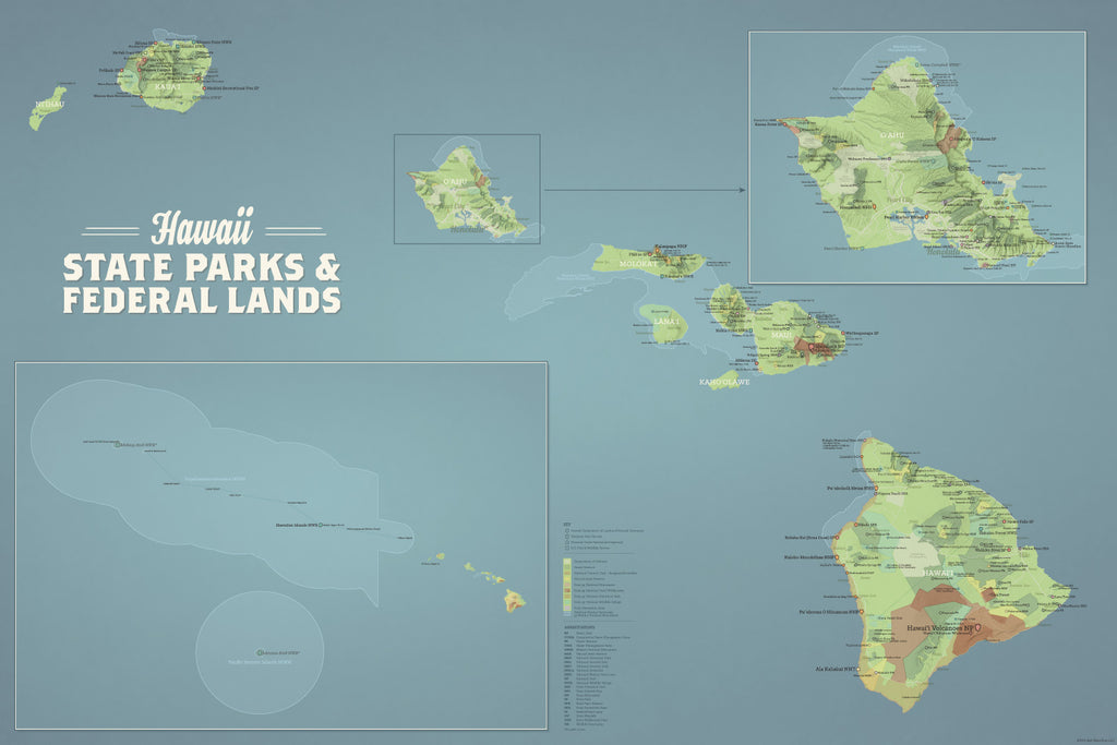 Hawaii State Parks & Federal Lands Map Poster - natural earth