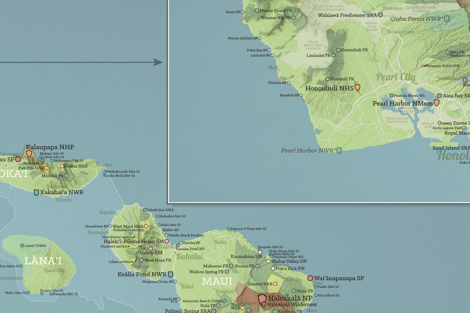 Hawaii State Parks & Federal Lands Map Poster - natural earth