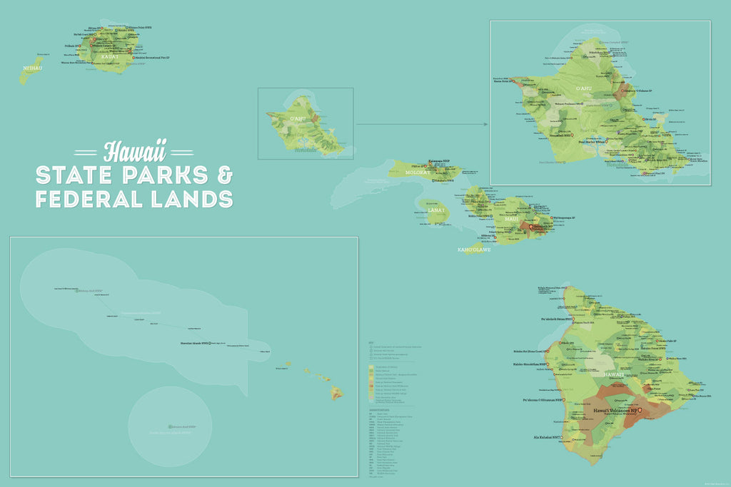 Hawaii State Parks & Federal Lands Map Poster - green & aqua