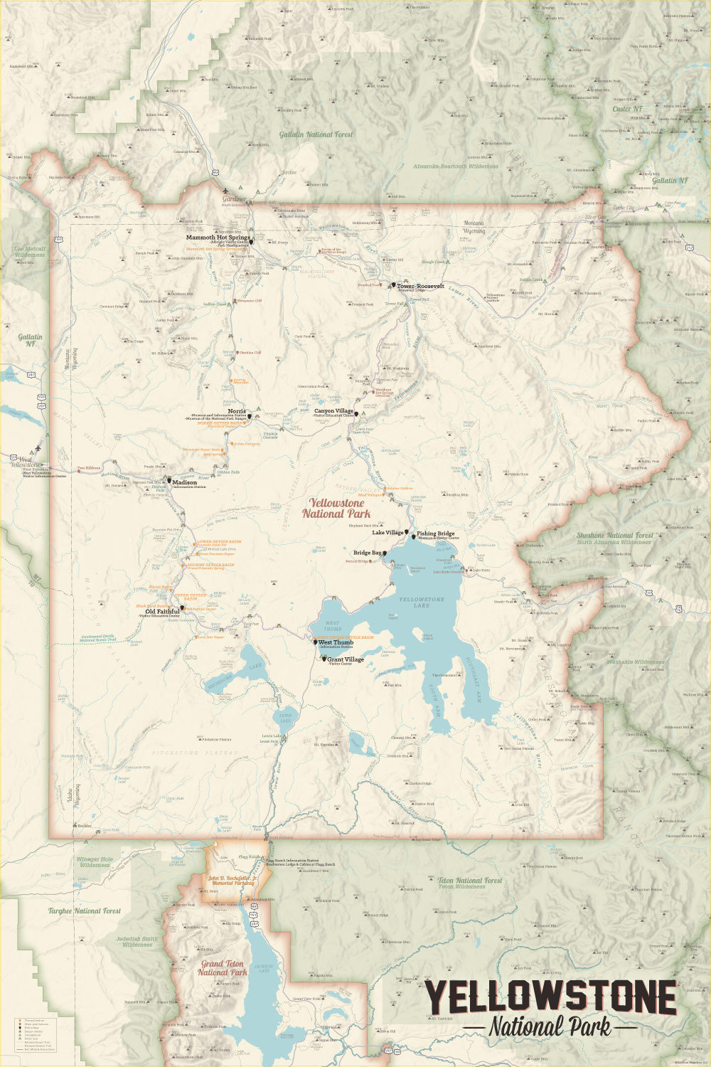 Yellowstone National Park Hiking Trail Wall Map Poster - tan