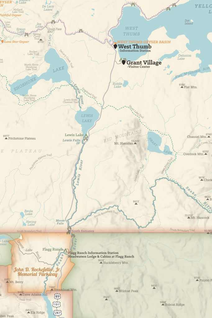 Yellowstone National Park Hiking Trail Wall Map Poster - tan