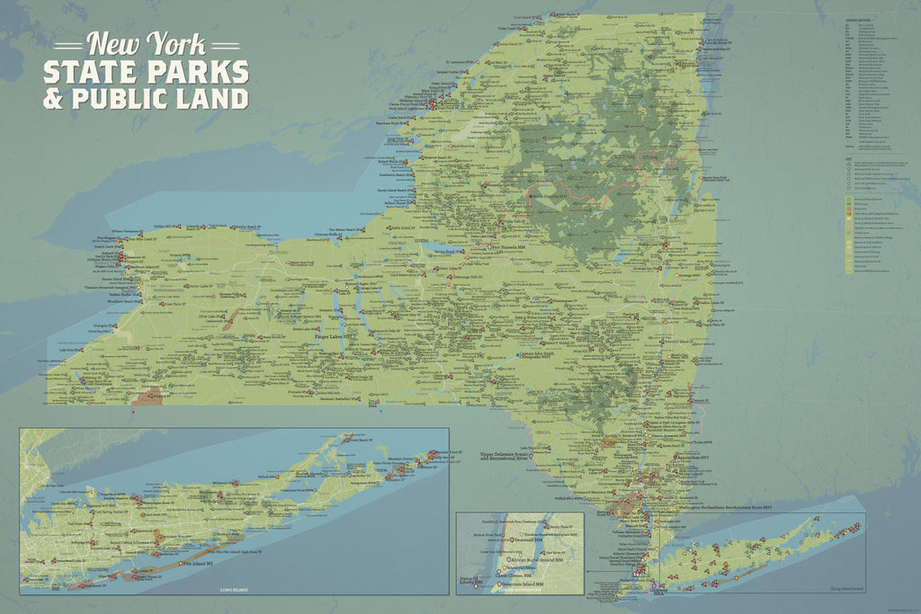 New York State Parks, DEC State Land, National Parks, & Federal Lands Map Poster - natural earth