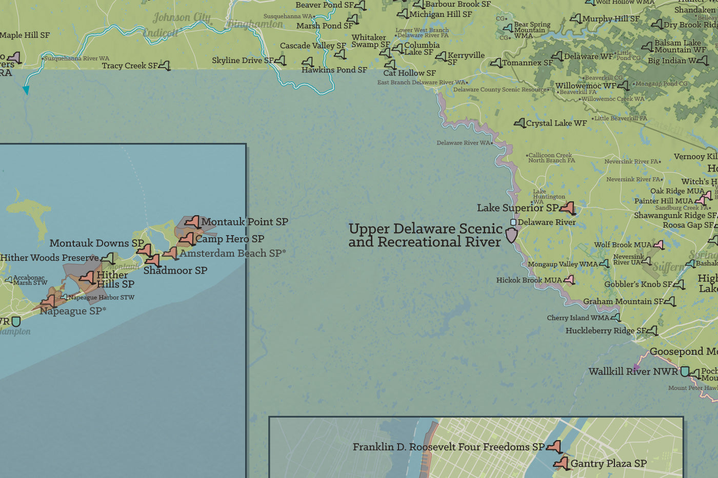 New York State Parks, DEC State Land, National Parks, & Federal Lands Map Poster - natural earth