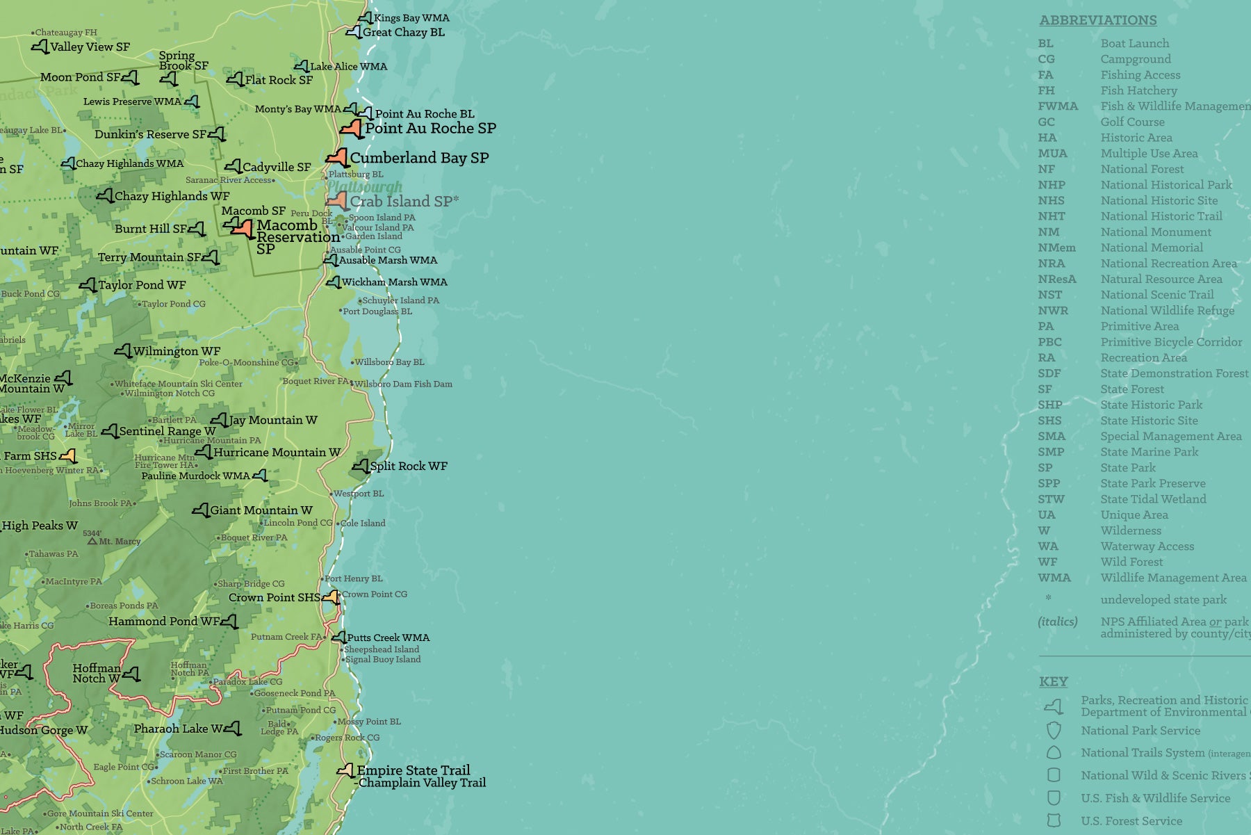 New York State Parks, DEC State Land, National Parks, & Federal Lands Map Poster - green & aqua