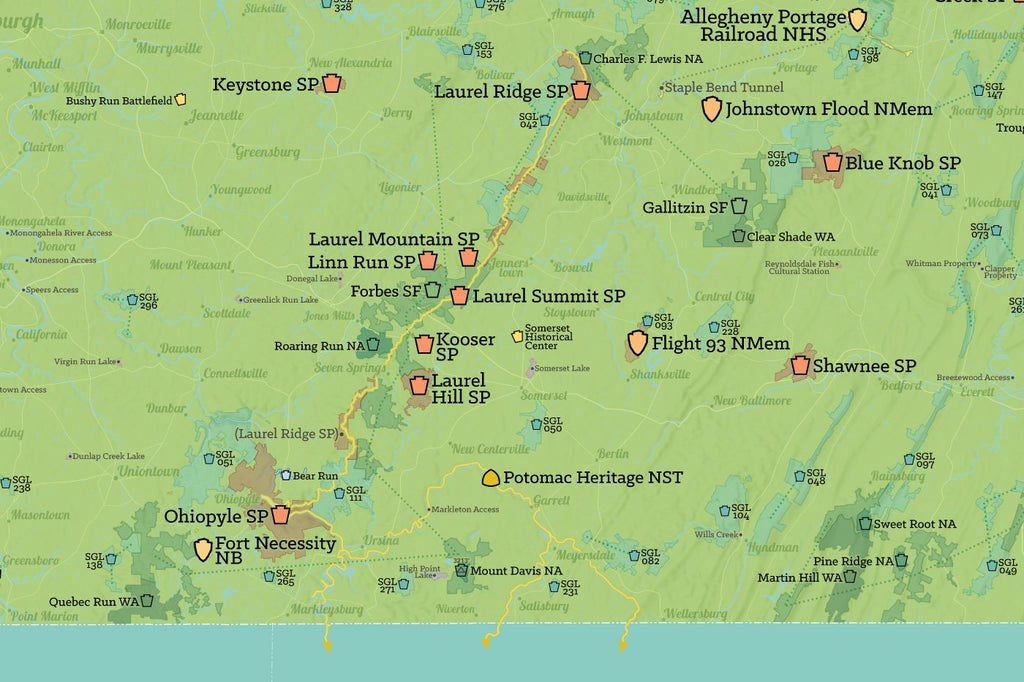Pennsylvania State Parks, Public Land, National/Federal Lands Map Poster - green & aqua