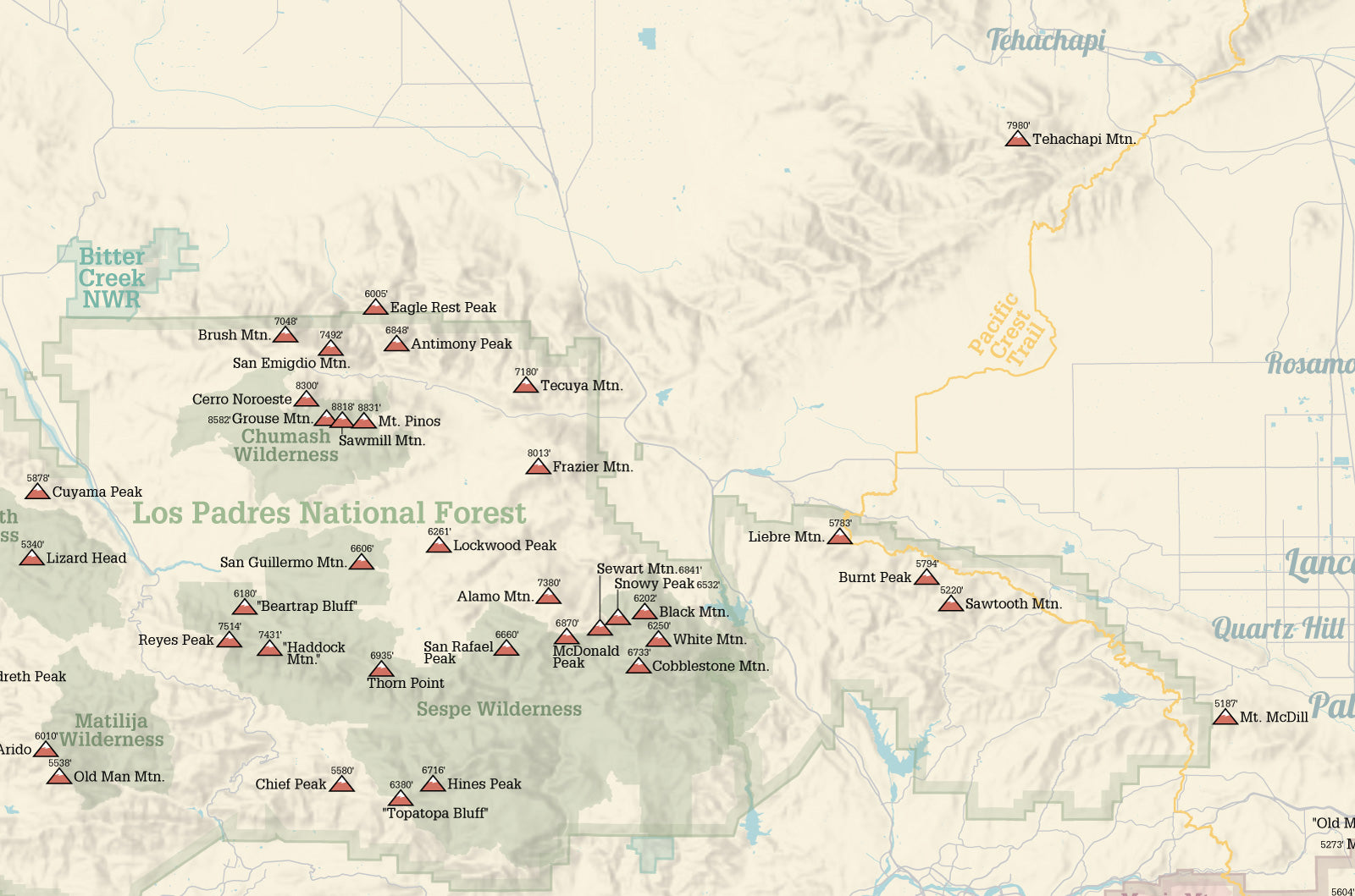 Sierra Peaks Section Climbers' Checklist Map 24x36 Poster