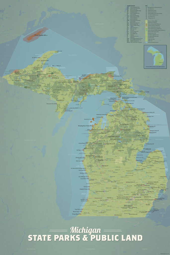 Michigan State Parks, DNR State Land, Federal Public Lands Map Poster - natural earth