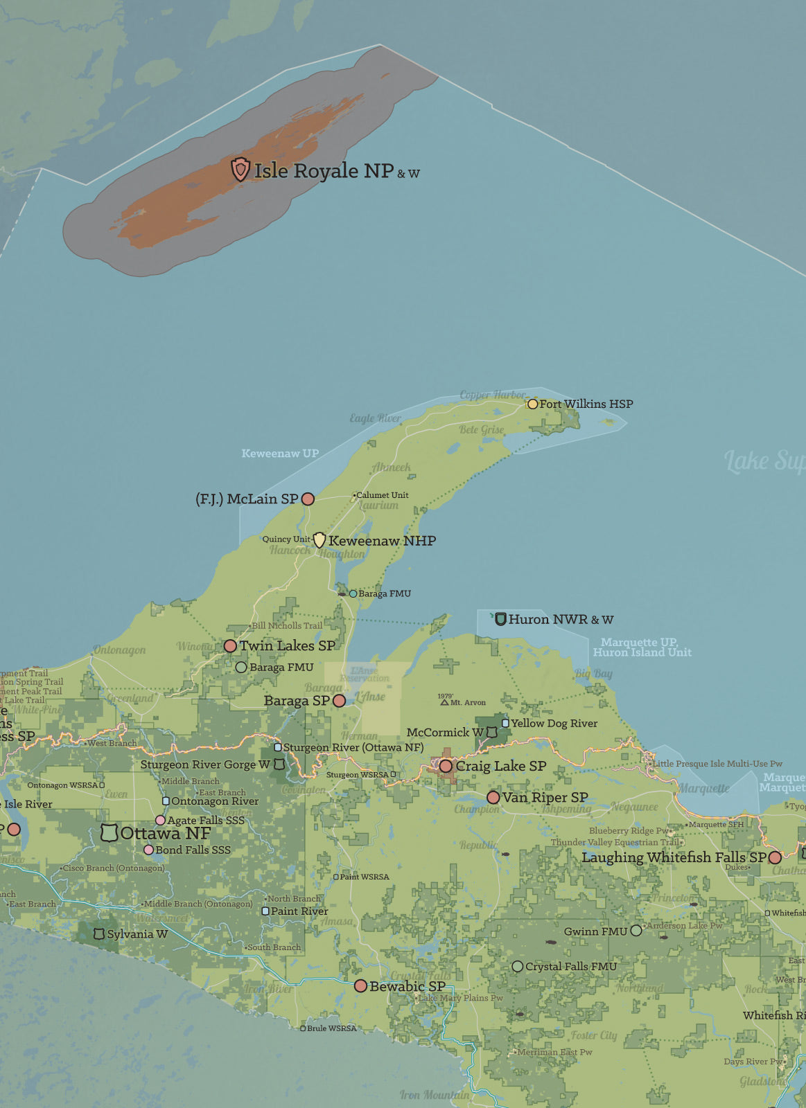 Michigan State Parks, DNR State Land, Federal Public Lands Map Poster - natural earth