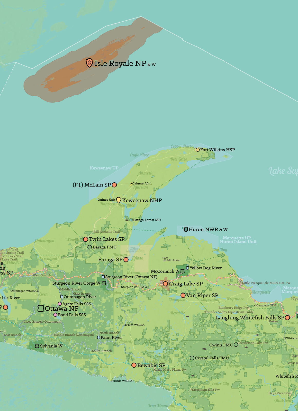 Michigan State Parks, DNR State Land, Federal Public Lands Map Poster - green & aqua