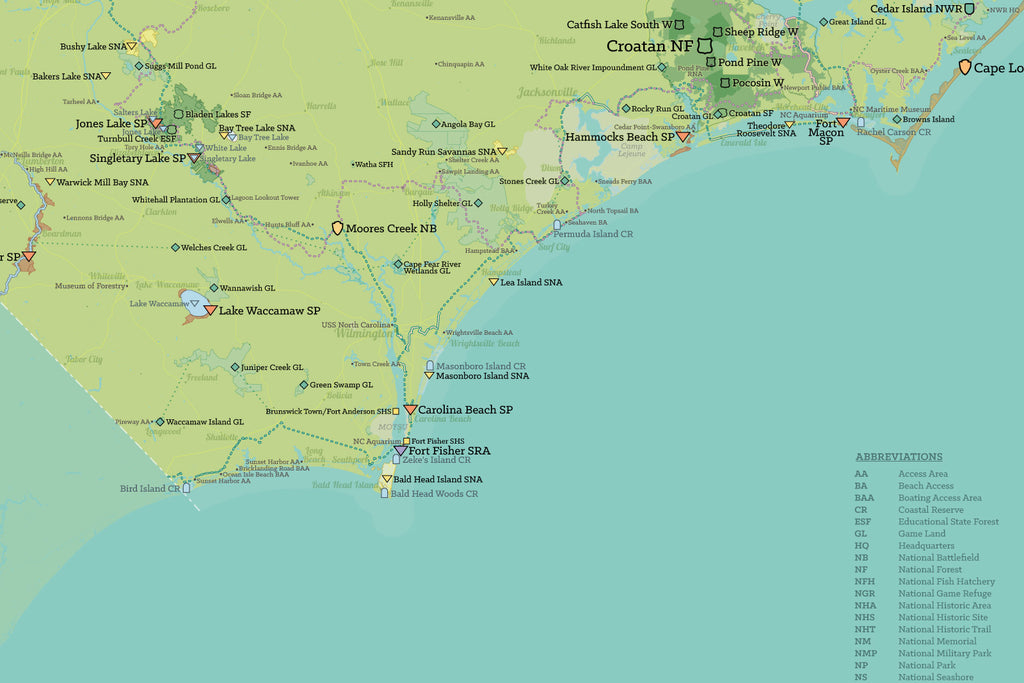 North Carolina State Parks, State Land, Federal Public Lands Map Poster - green & aqua