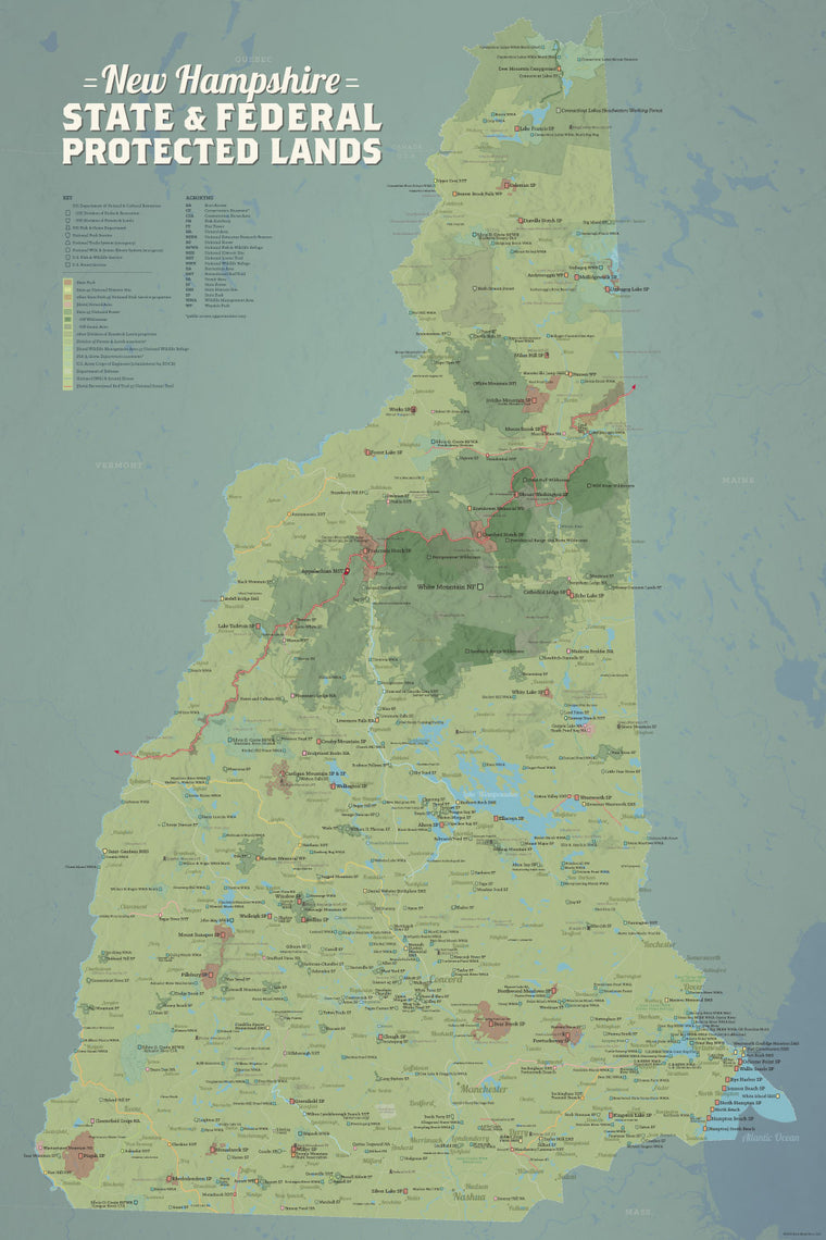 New Hampshire State Parks, State Land, Federal Public Lands Map Poster - natural earth
