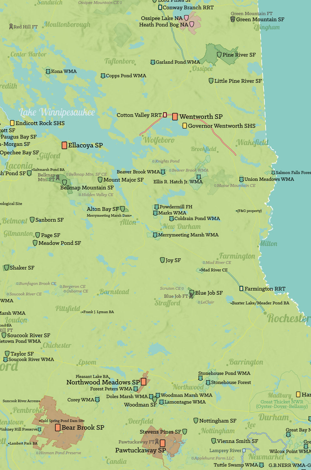 New Hampshire State Parks, State Land, Federal Public Lands Map Poster - green & aqua