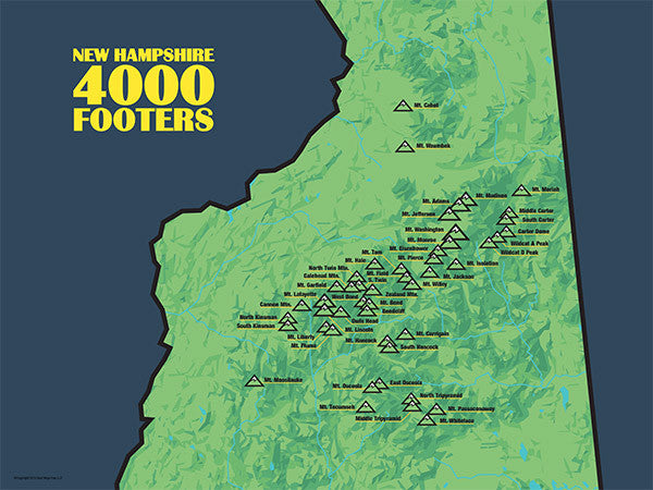 New Hampshire 4000 Footers Map Poster - Green & Navy